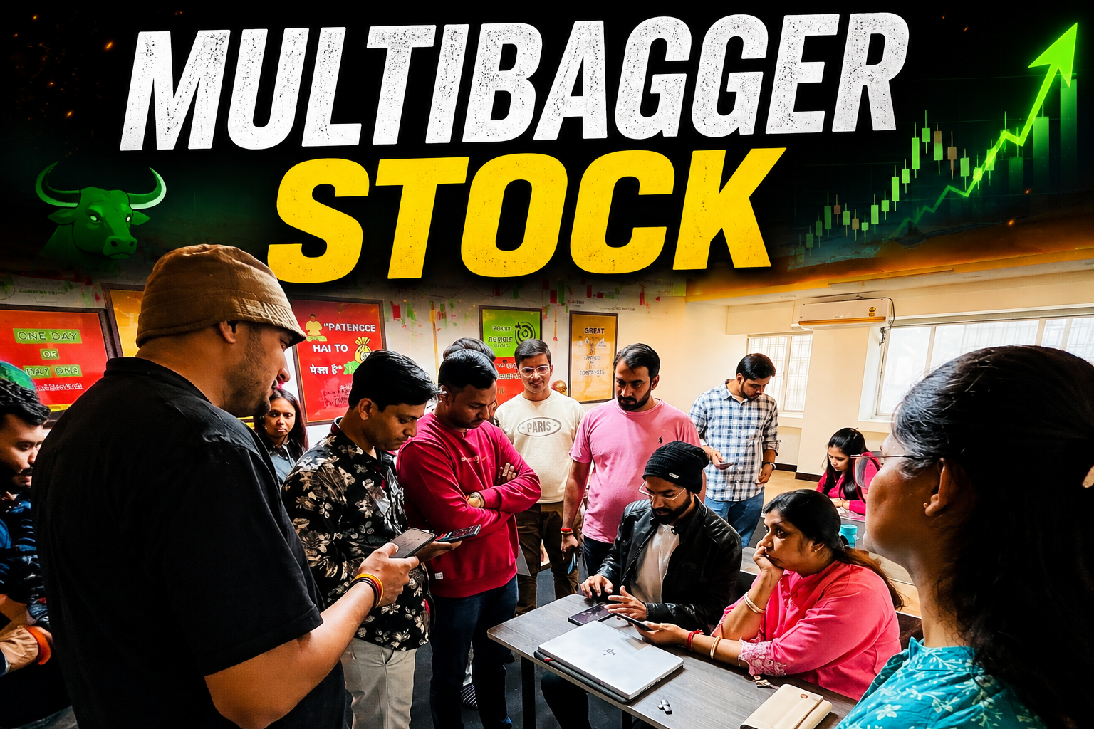 Multibagger stock trading classroom with students learning stock market analysis